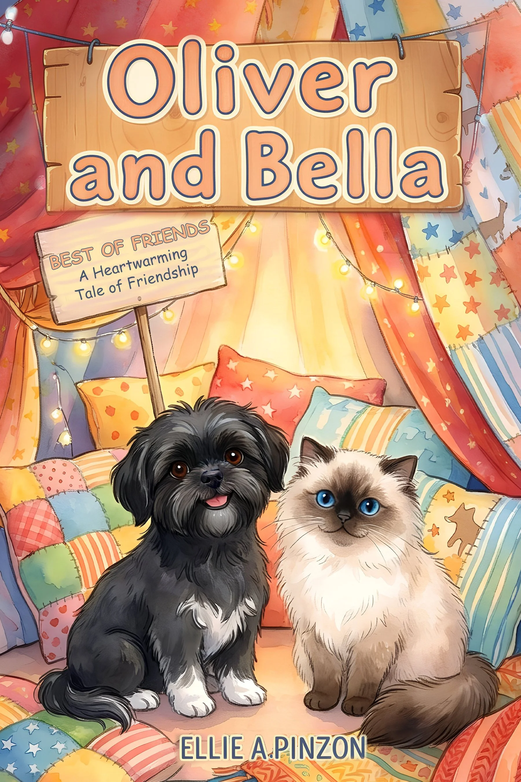 Colorful illustrated book cover titled "Oliver and Bella" with two animals, a small black dog and a Siamese cat, sitting on cushions inside a whimsical tent. The background includes cushions, string lights, and colorful fabric with stars and animal patterns, with a sign reading "Best of Friends: A Heartwarming Tale of Friendship."
