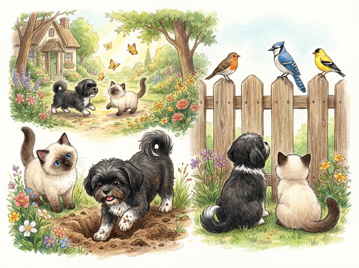 A watercolor illustration of a garden scene featuring a dog, a cat, and two other animals sitting on the grass near a wooden fence, with three birds perched on the fence. In the background, there is a house surrounded by trees, flowers, and butterflies.