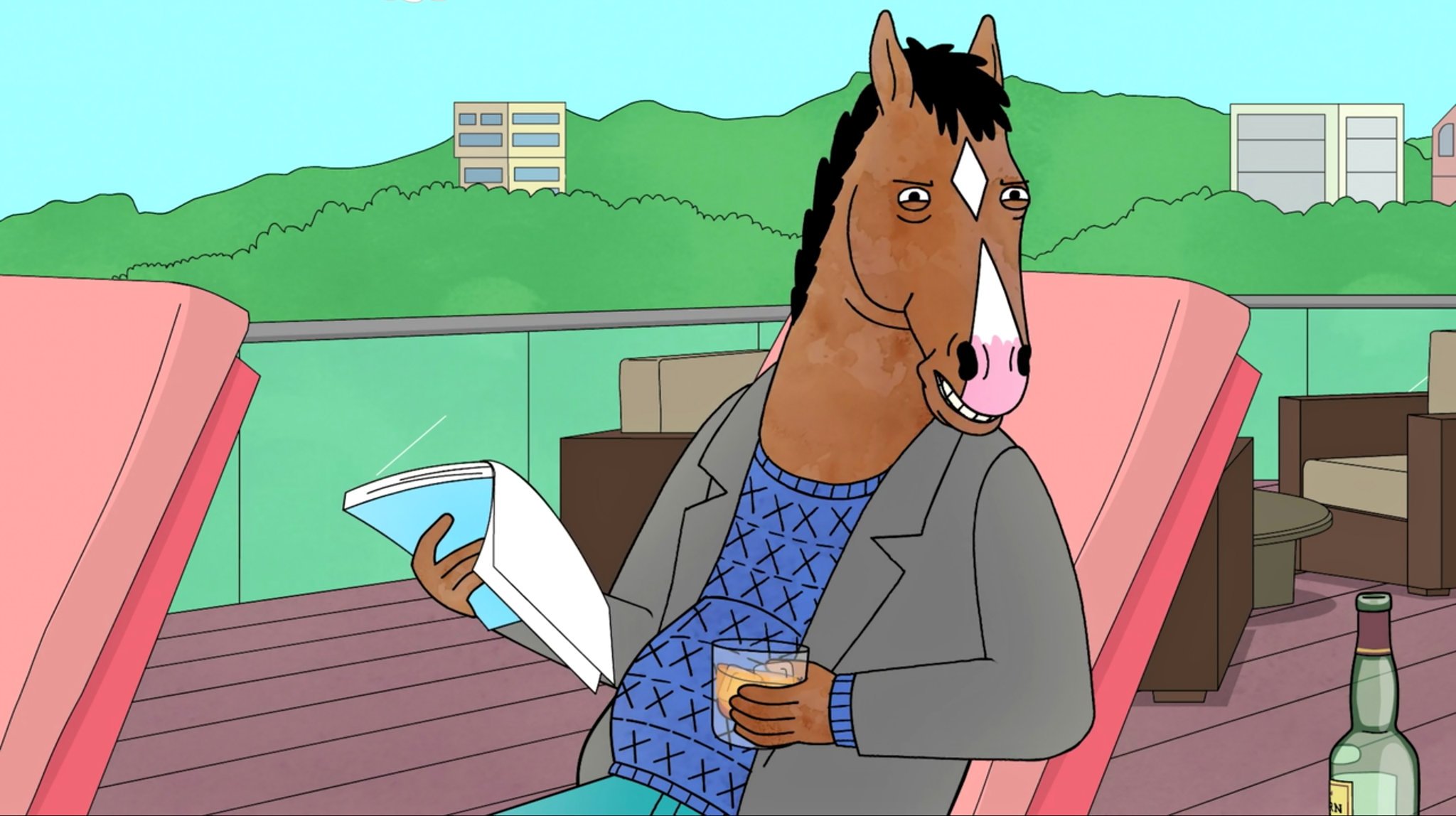 A cartoon horse with a human body from 'Bojack Horseman' sitting on a pink chair, holding a smartphone in one hand and a glass of drink in the other, in a modern outdoor setting with buildings and greenery in the background.