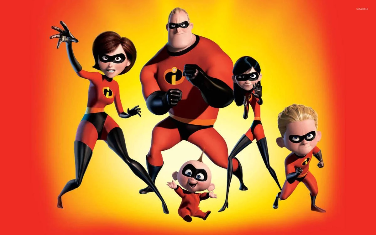 Animated characters from The Incredibles movie, wearing red and black superhero suits with the logo, posing against a yellow-orange background.