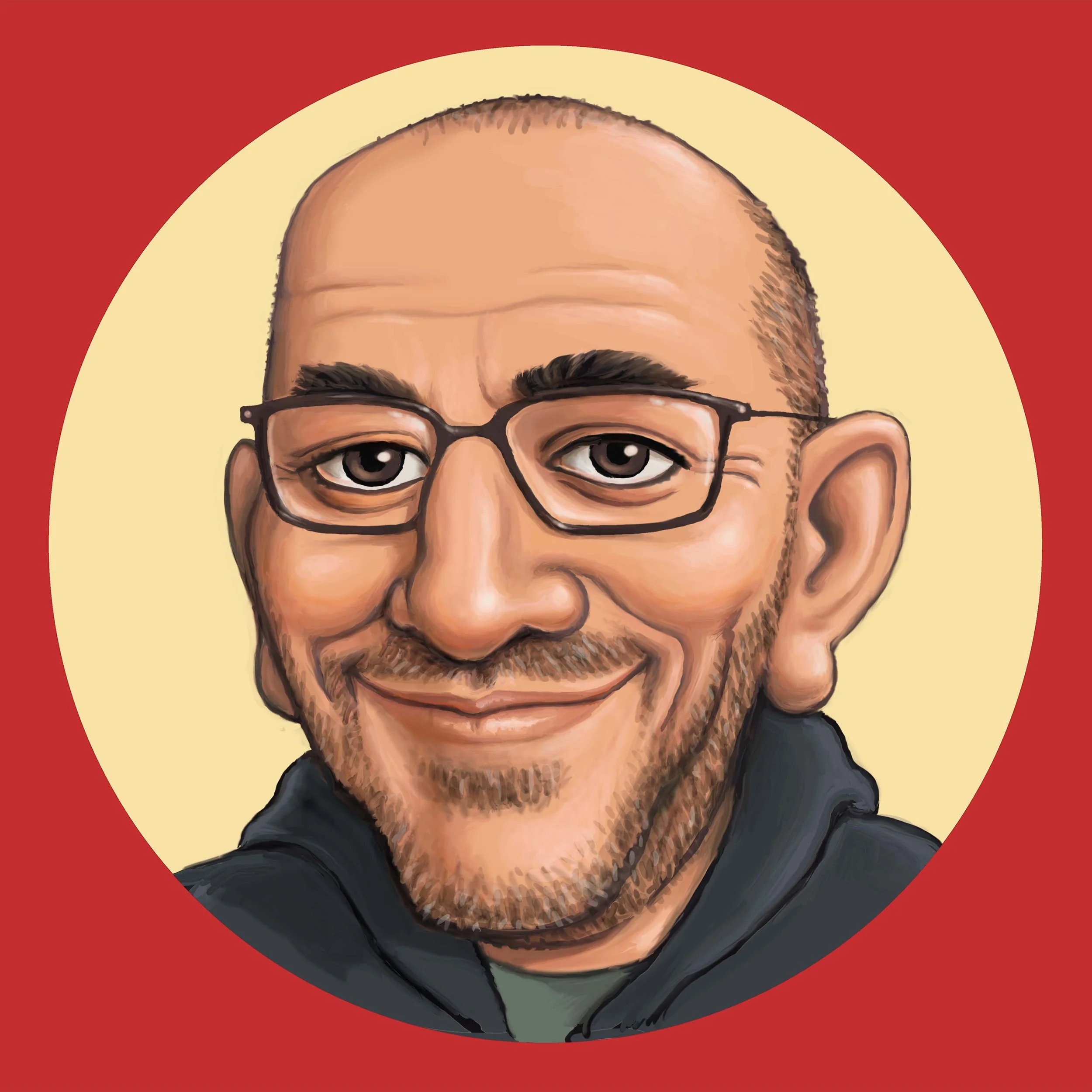 Illustration of a man with glasses and a beard, wearing a black hoodie, is partially visible in the image which has a red and cream background.