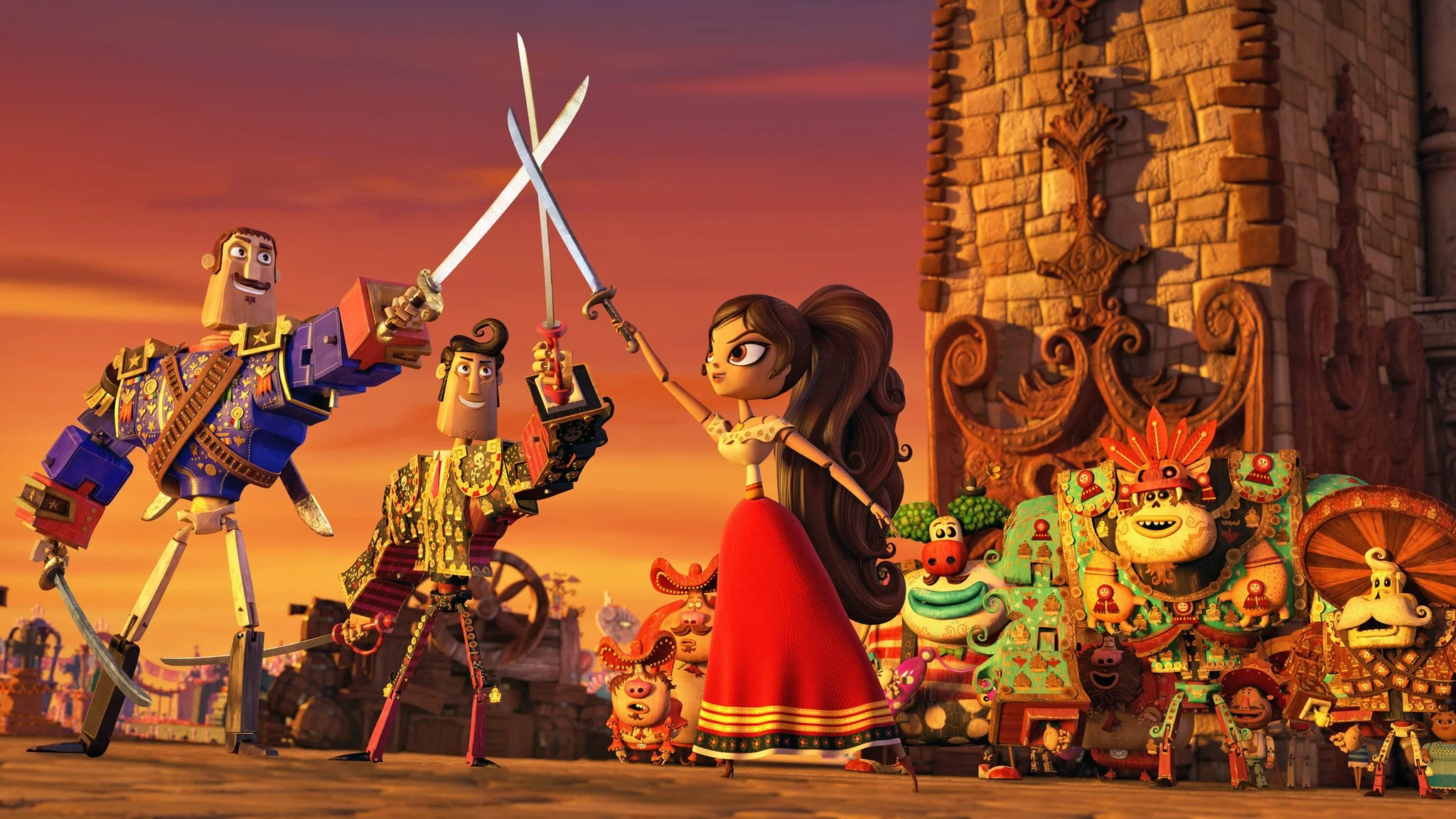 Animated characters from 'The Book of Life' celebrating. Characters are holding swords in a colorful, festive setting with vibrant artwork, against a sunset sky.