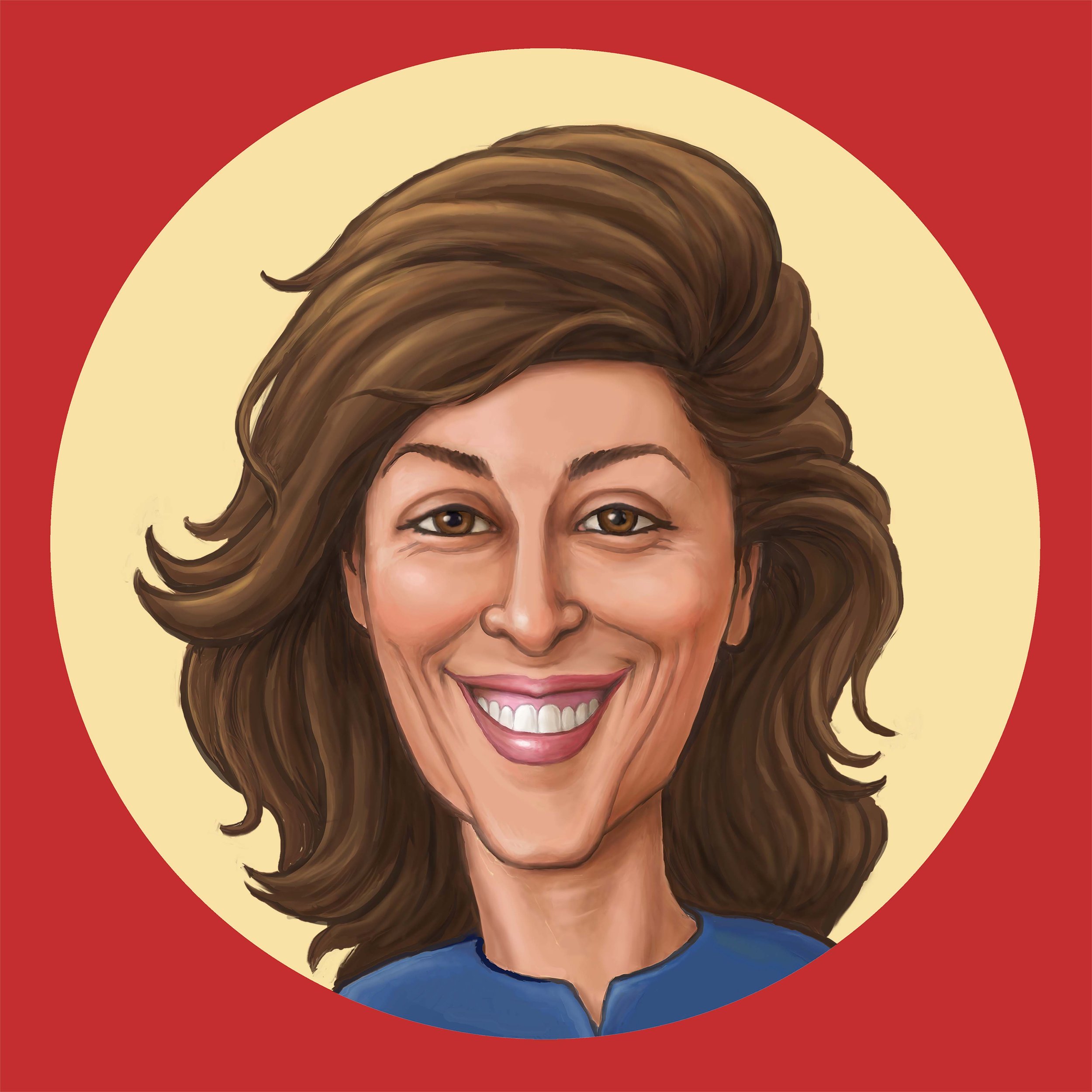 Illustration of a smiling woman with shoulder-length brown hair, wearing a blue top, set against a circular yellow background with a red outer border.