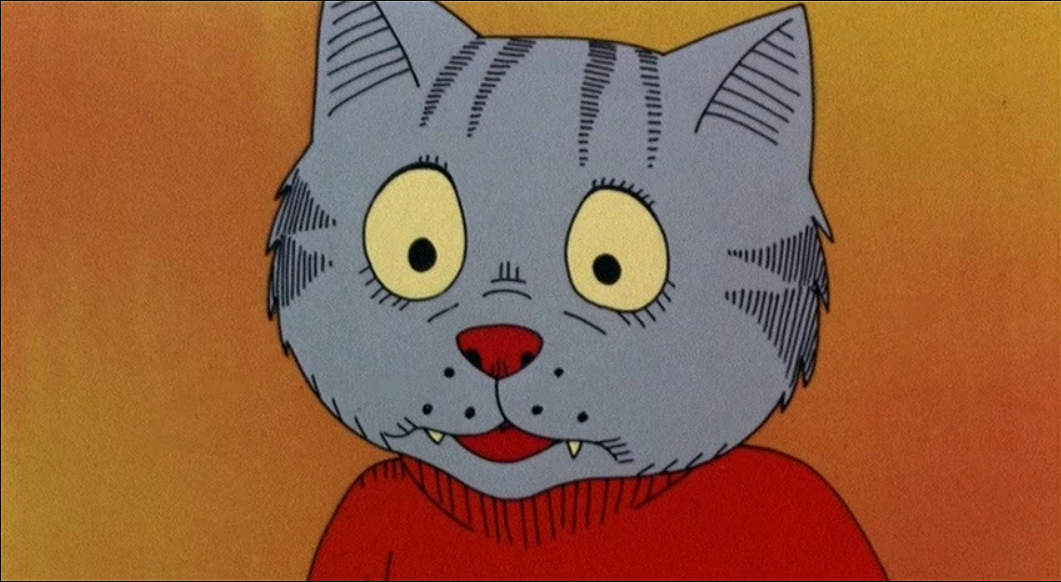 Animated drawing of a gray cat from Fritz the Cat with wide yellow eyes, red nose, small fangs, and wearing a red shirt, set against a yellow background.