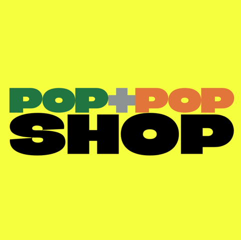Logo with the words "POP+POP SHOP" in green, gray, orange, and black text on a yellow background.