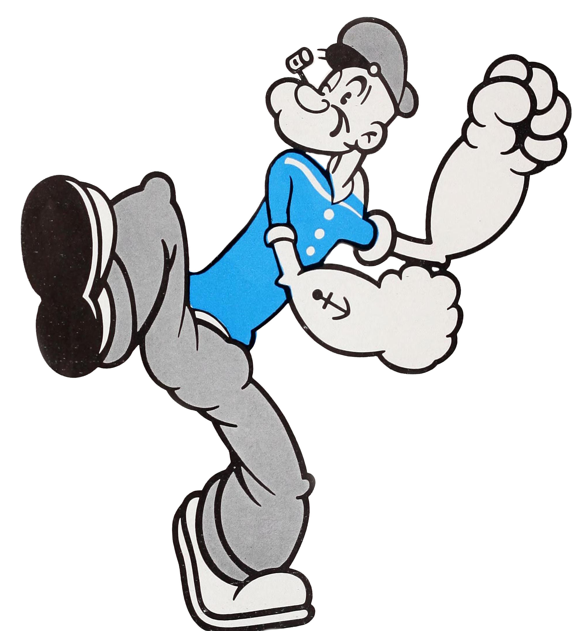 Cartoon image of Popeye, a sailor with a boater hat and pipe, kicking his leg and swinging his arms while making a fist.