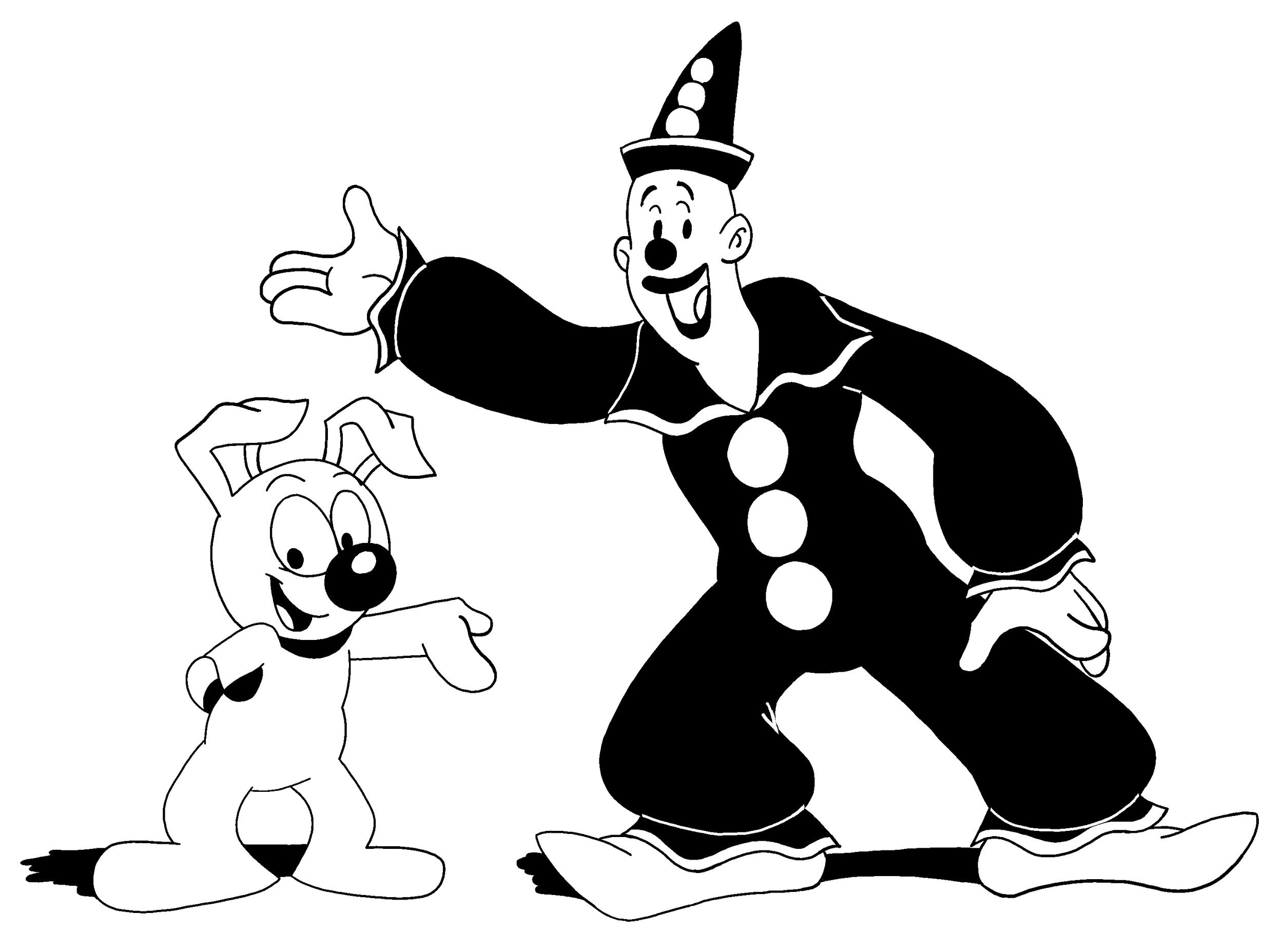 Black and white cartoon image of Koko the Clown and Fitz the Dog. Both are smiling and waving.
