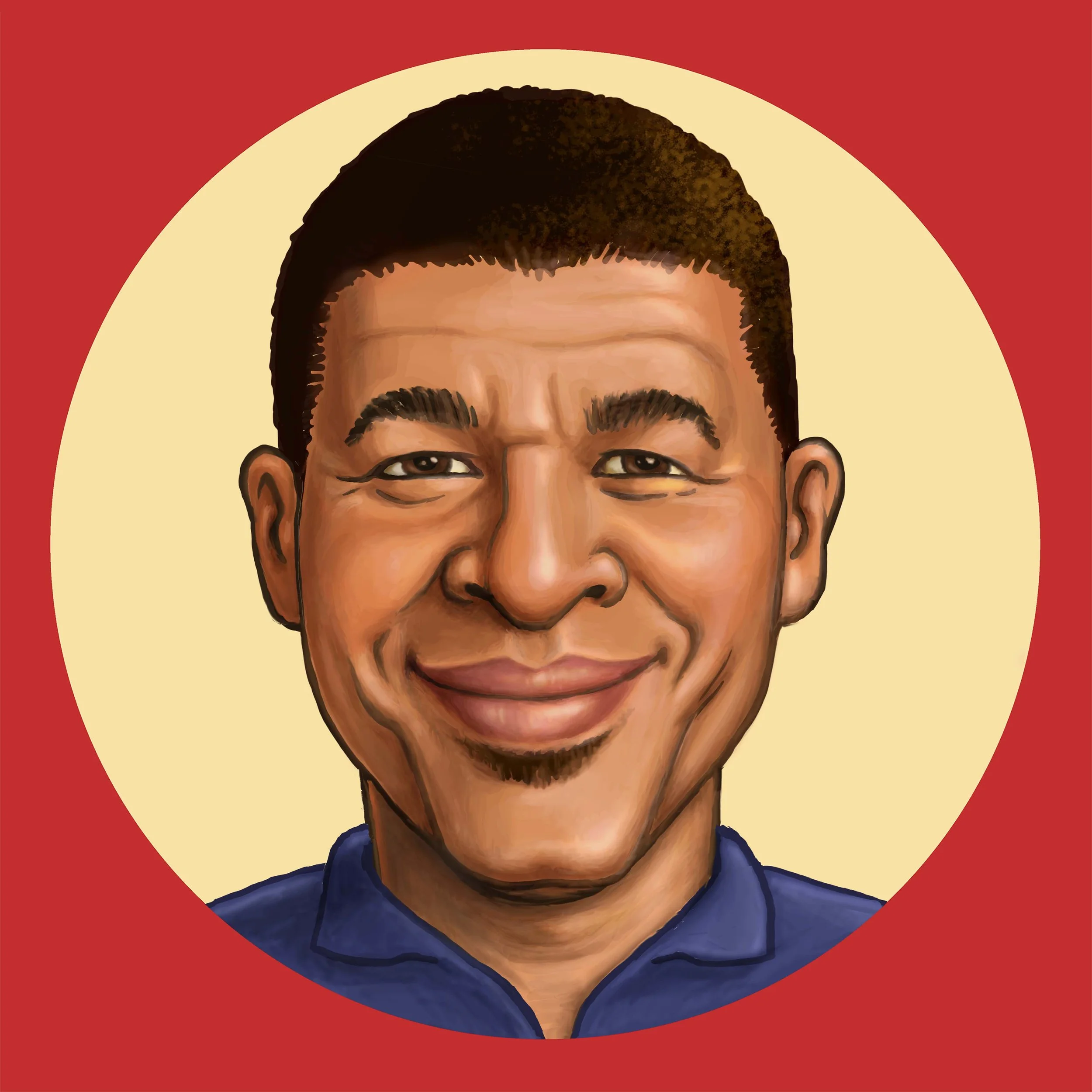 Illustration of a smiling man with short dark hair, wearing a navy blue shirt, with a red and cream background.