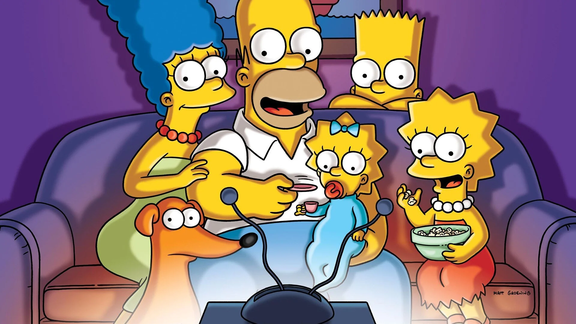The Simpsons family sitting on a purple couch, watching TV, with Homer in the middle, Marge with blue hair on his left, Lisa on his right, Bart behind Lisa, Maggie on Lisa's lap, and Santa's Little Helper dog in front.