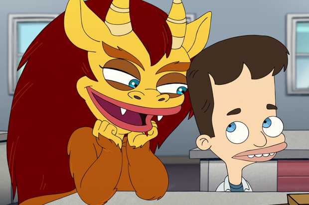 A cartoon scene from Big Mouth featuring a yellow monster with blue eyes smiling with its hands on its cheeks, sitting next to a boy with brown hair, large blue eyes, and a goofy expression.