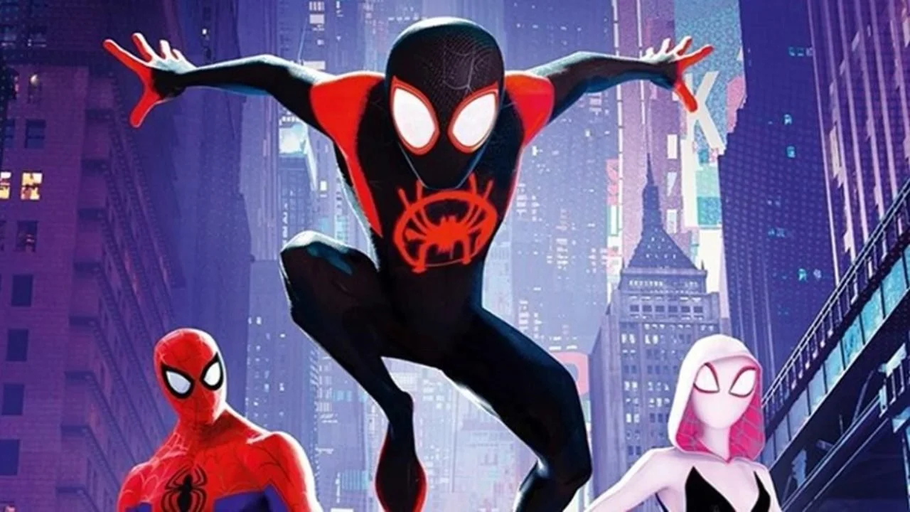 Spider-Man in a black and red suit jumping in front of a cityscape with other Spider-Man characters.