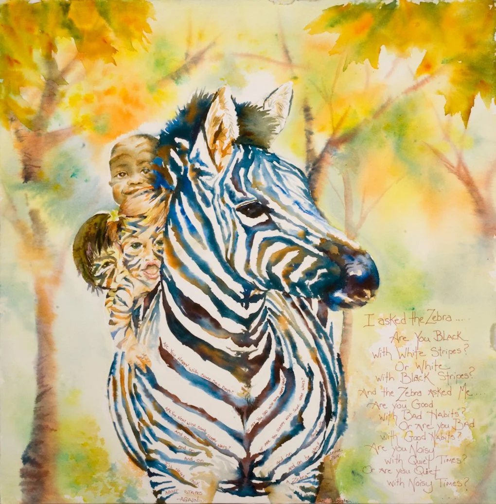 poem and watercolor of children on zebra