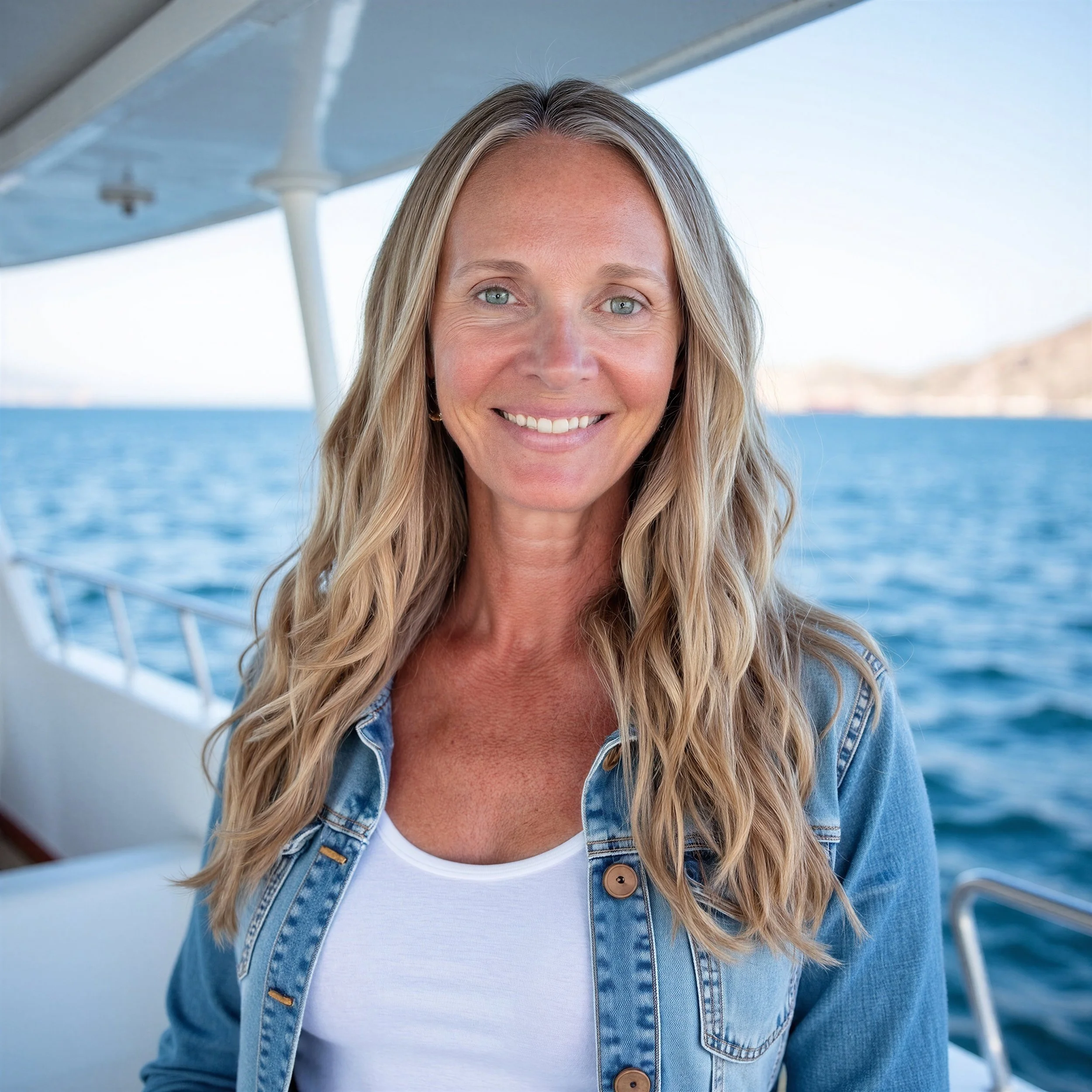 A smiling woman with long blonde hair wearing a denim jacket and white shirt on a boat with water and land in the background.