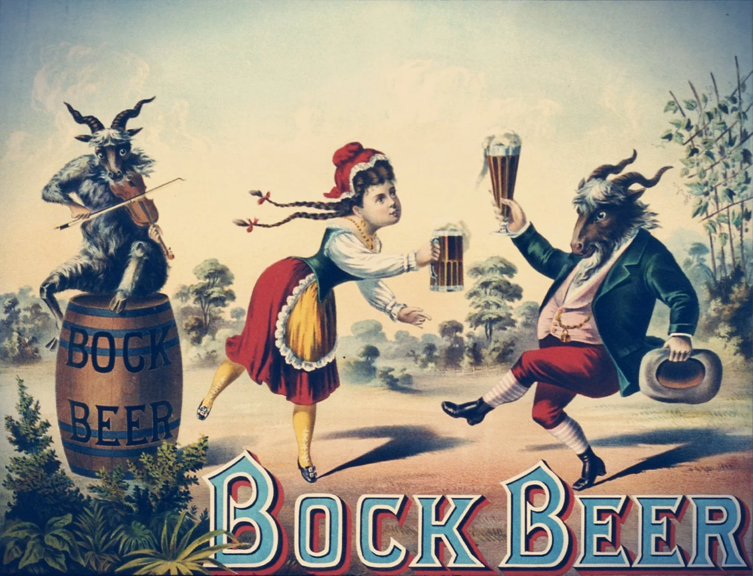 A traditional drawing of people enjoying Bock beer and dancing goats - a traditional symbol of Bock beer.