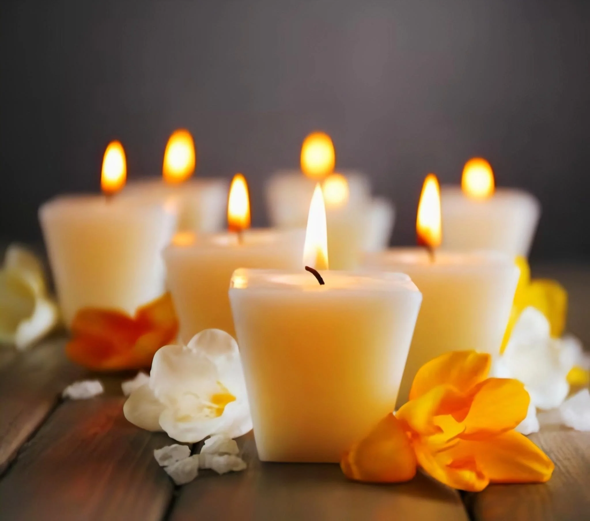 Brennende Kerzen mit orangefarbenen Flammen, von Blüten umgeben, auf einem Thai Massage Bett, in wohliger warmer Atmosphäre