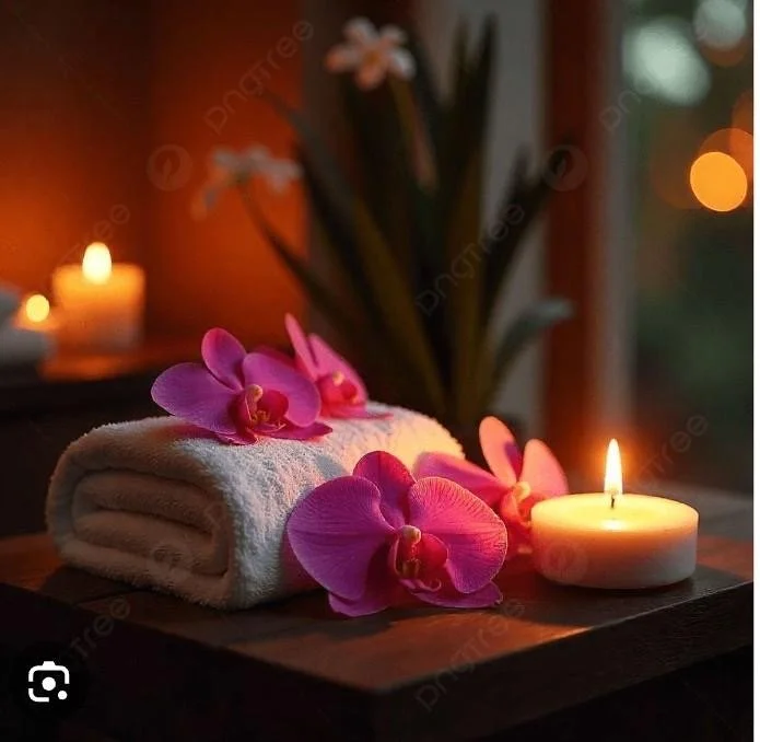 Ein Handtuch mit pinken Orchideen, eine brennende Kerze und weitere Orchideen im Hintergrund in einem Spa- oder Entspannungsraum.