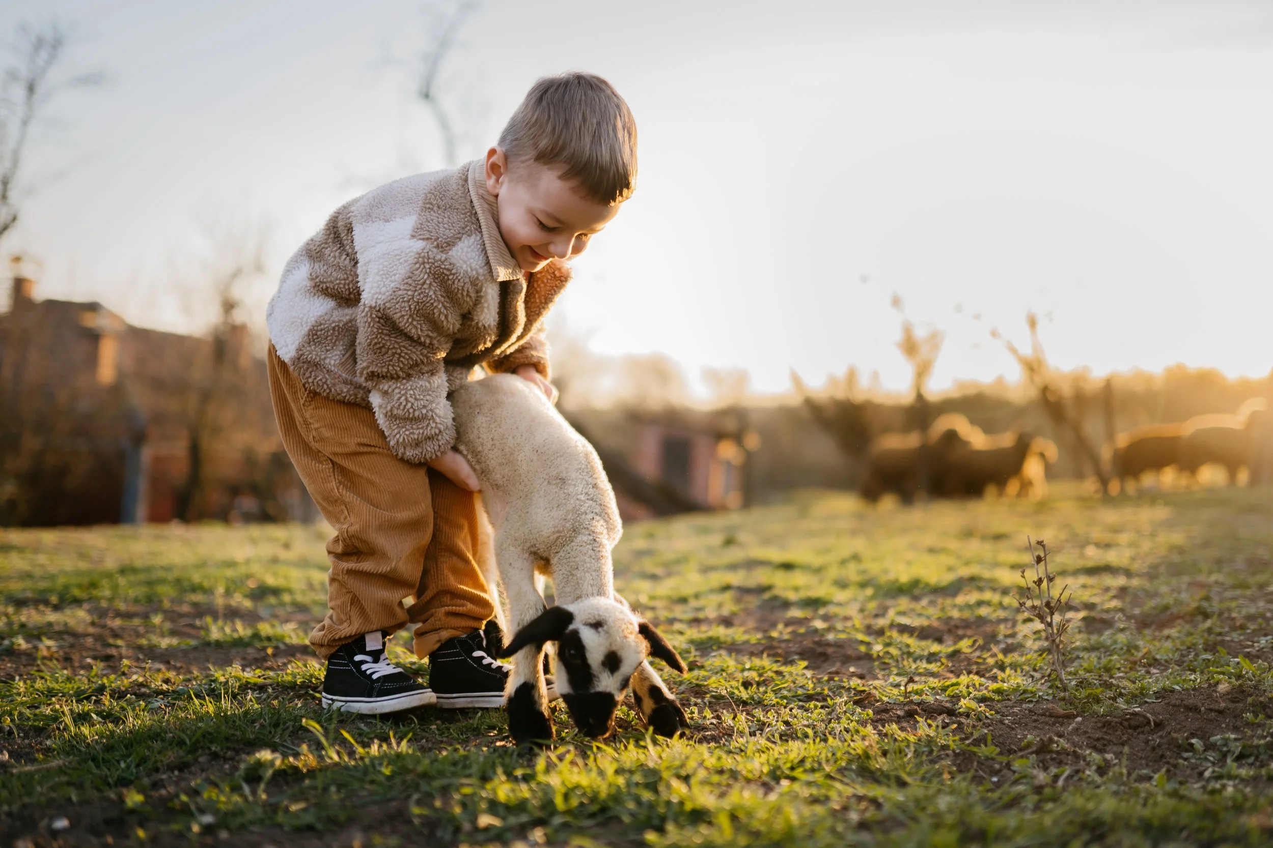 Young boy in a beige and white fleece jacket, tan pants, and black sneakers playing outdoors with a black and white puppy during golden hour.