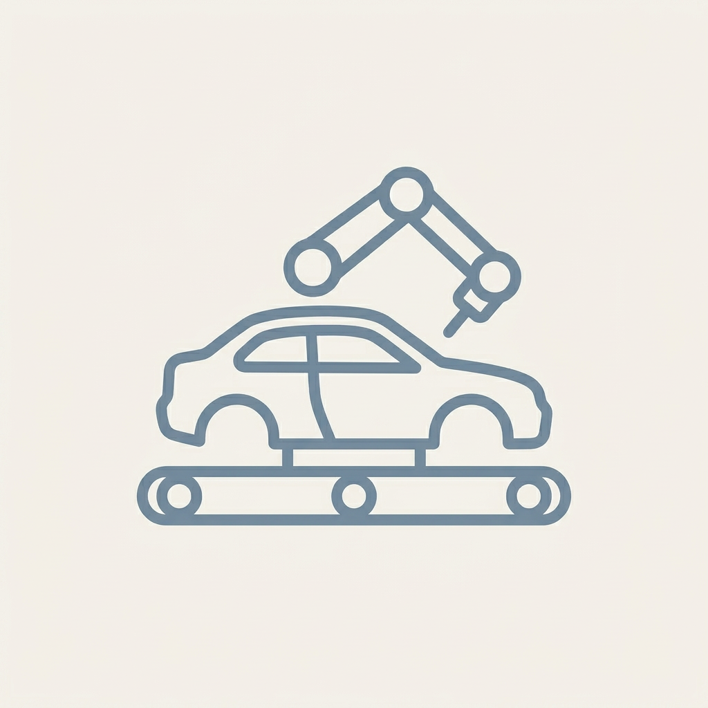 Icon of a robotic arm assembling a car on a conveyor belt, representing the automotive and mobility industry.