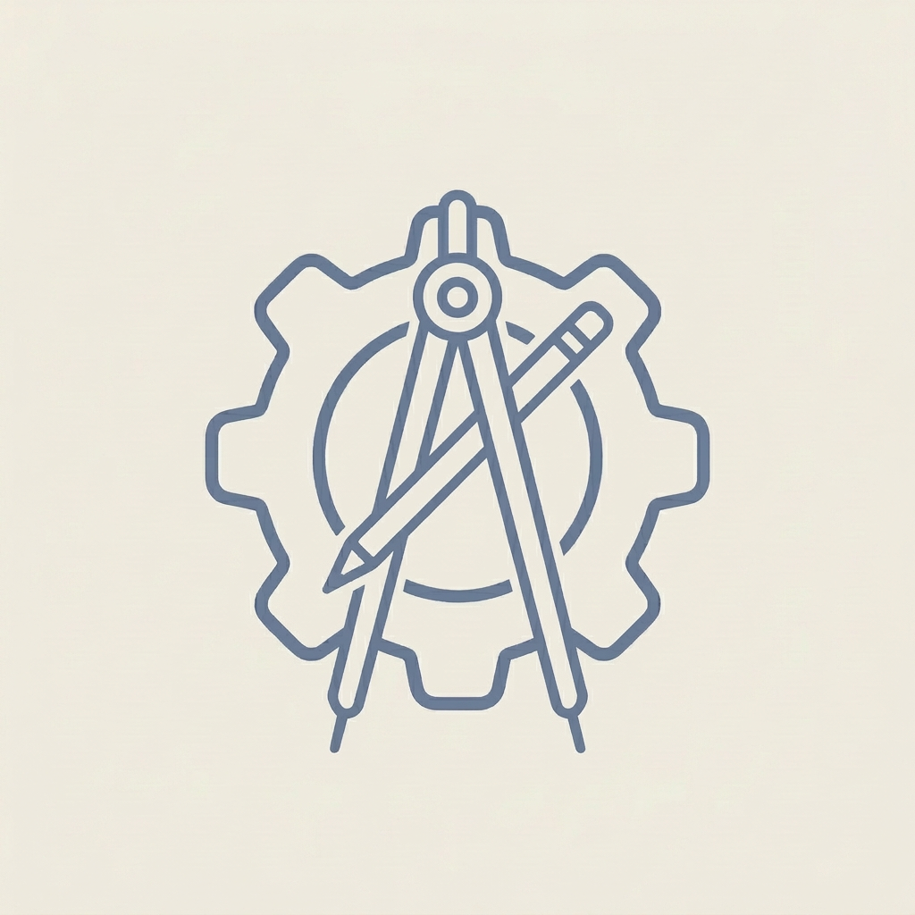 Icon of a compass and protractor over a mechanical gear, representing the engineering services industry.