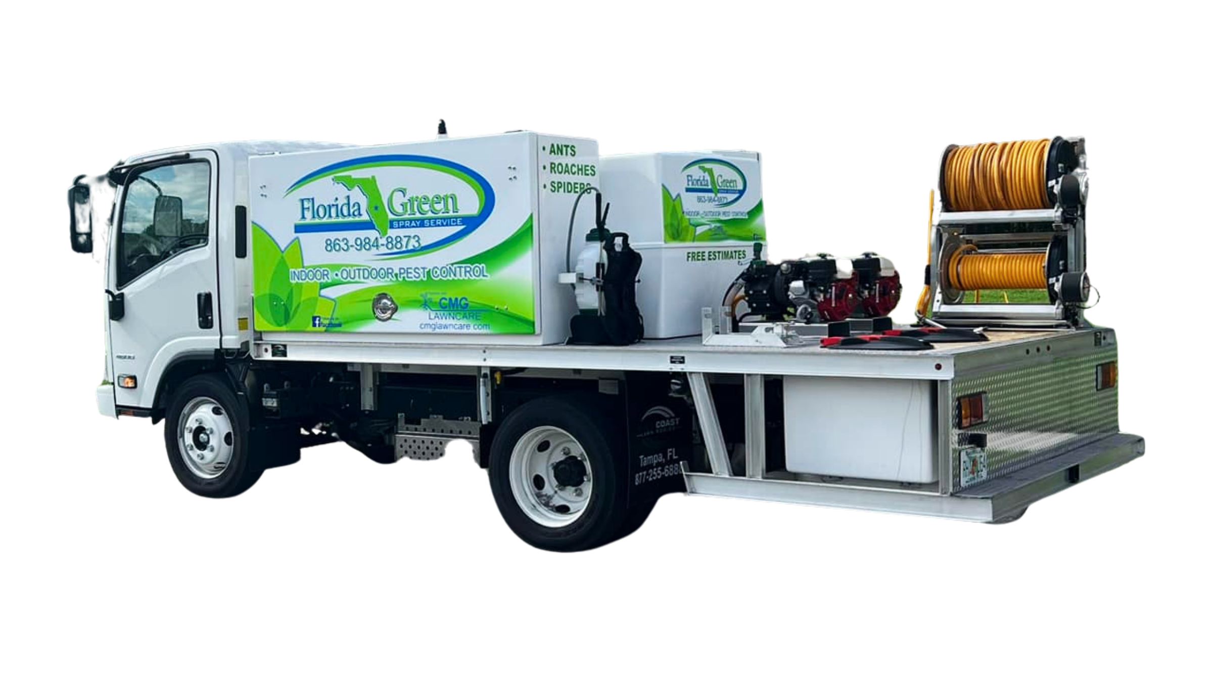 A pest control truck with branding for Florida Green Spray Service, featuring green and blue graphics and text, equipped with hoses and spraying equipment on the back.