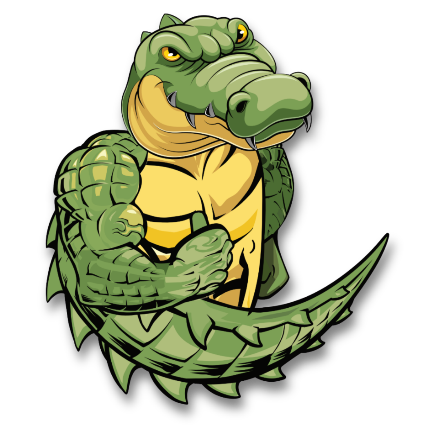 Cartoon of an alligator with muscular arms, standing against a black background.