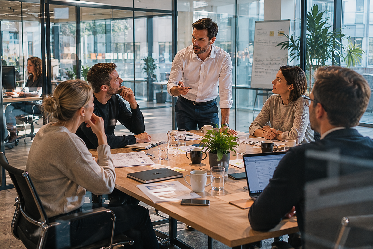 Geschäftsleute bei einem Meeting in einem modernen Konferenzraum, wobei ein Mann steht und mit den anderen diskutiert.