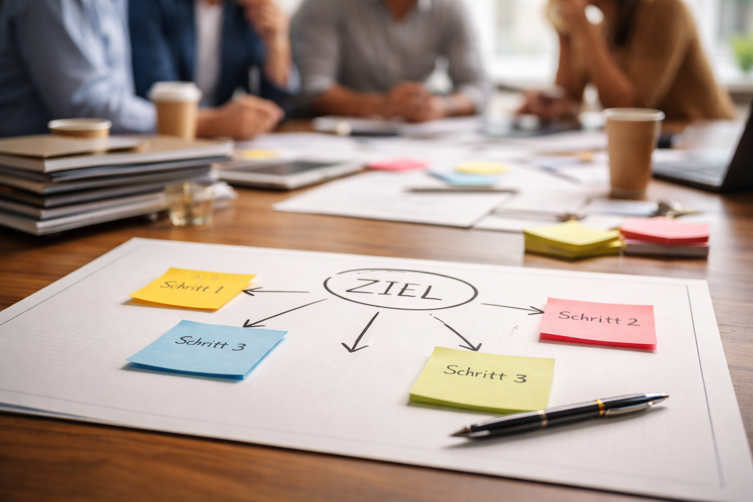 Ein Whiteboard mit einem Zielplan, der in der Mitte steht, umgeben von bunten Post-its mit den Aufschriften 'Schritt 1', 'Schritt 2', 'Schritt 3'.