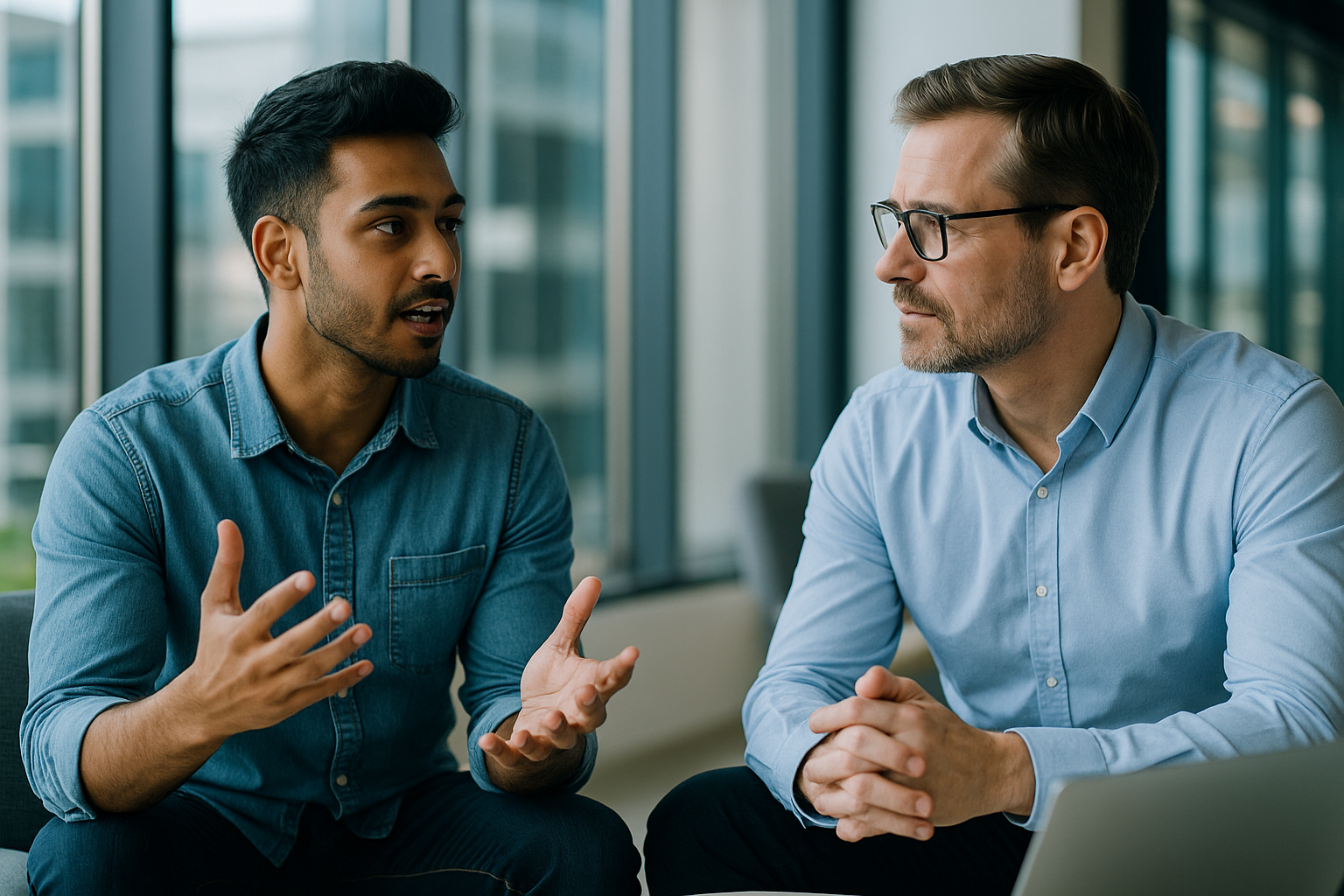 Zwei Männer im Gespräch in einem modernen Bürogebäude mit großen Fenstern.