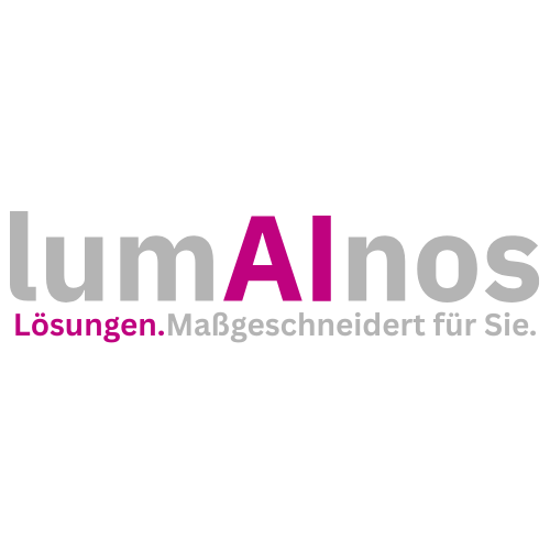 Logo mit der Aufschrift "lumAlnos Lösungen. Maßgeschneidert für Sie." in Grau, Magenta und Schwarz.
