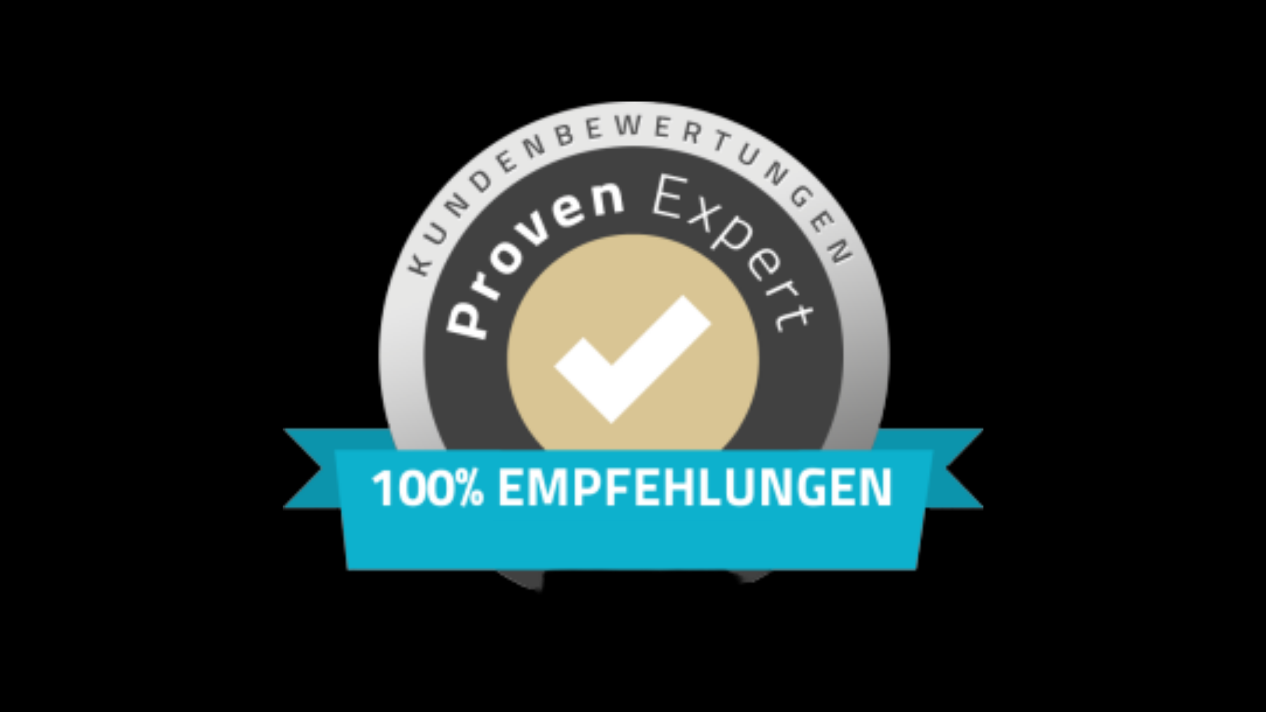 Siegel mit schwarzem, silbernem und beigem Bereich, dem Text „Kundenbewertungen“, „Profoven Expert“, und „100% Empfehlungen“ in Blau. Ein Häkchen in der Mitte. 