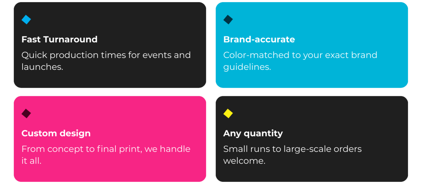 Four colorful informational cards with white text and small diamond icons, highlighting services such as fast turnaround, brand accuracy, custom design, and quantity flexibility.