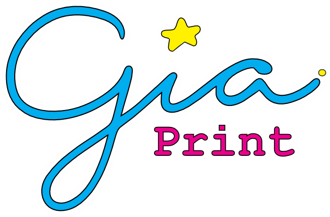 Logo for Gia Print with the word "Gia" written in blue cursive font, a yellow star above the letter "i," and the word "Print" in pink beneath it.