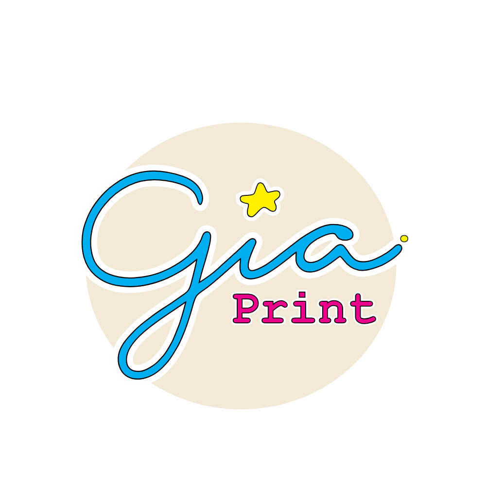 Logo for Gia Print with the word "Gia" written in blue cursive font, a yellow star above the letter "i," and the word "Print" in pink beneath it, all set against a beige circle.
