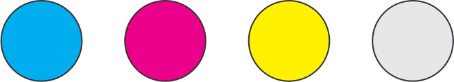 Four colorful circles in a row: blue, pink, yellow, and gray.