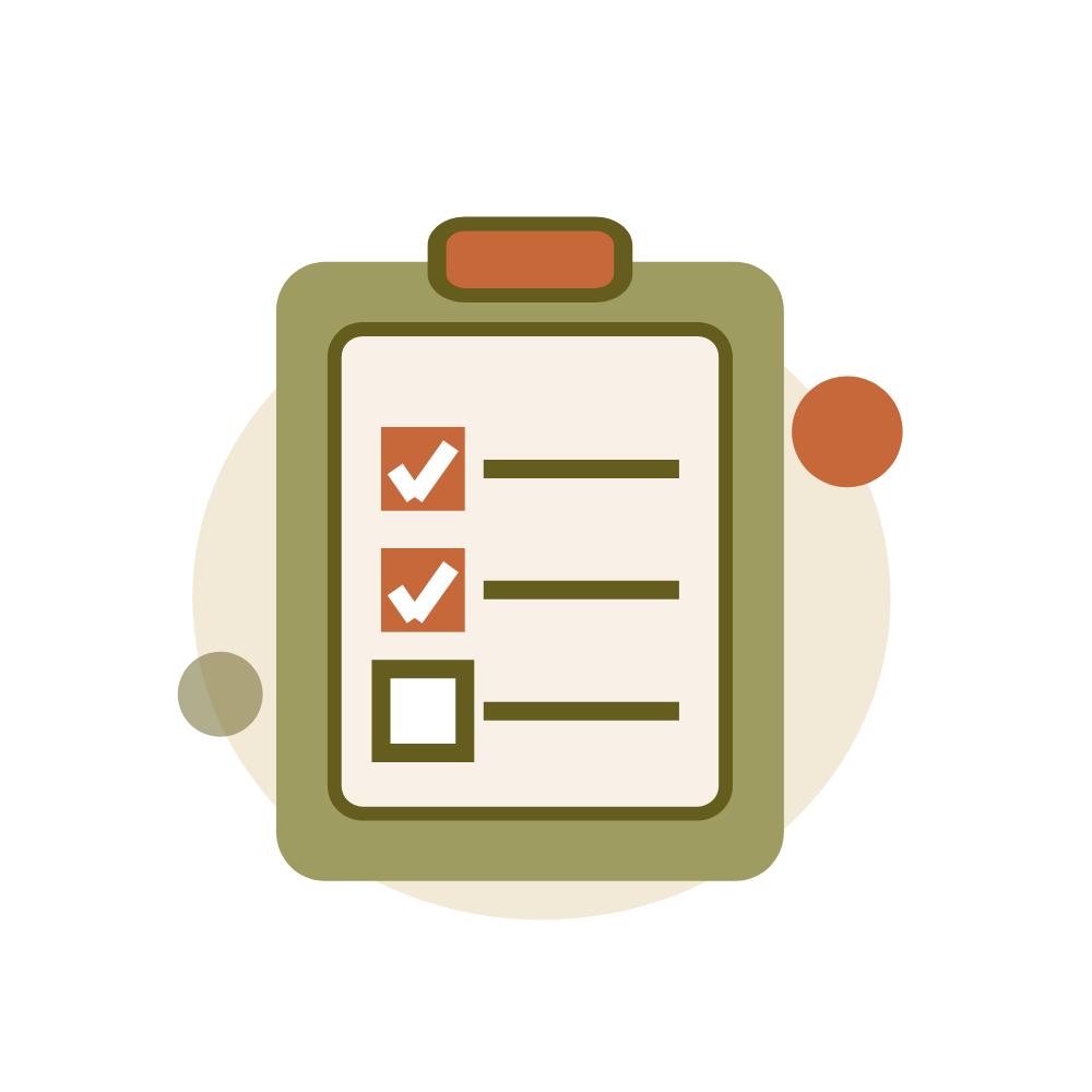 Illustration of a clipboard with a checklist, showing checkboxes with checkmarks and one empty box, against a beige circular background.