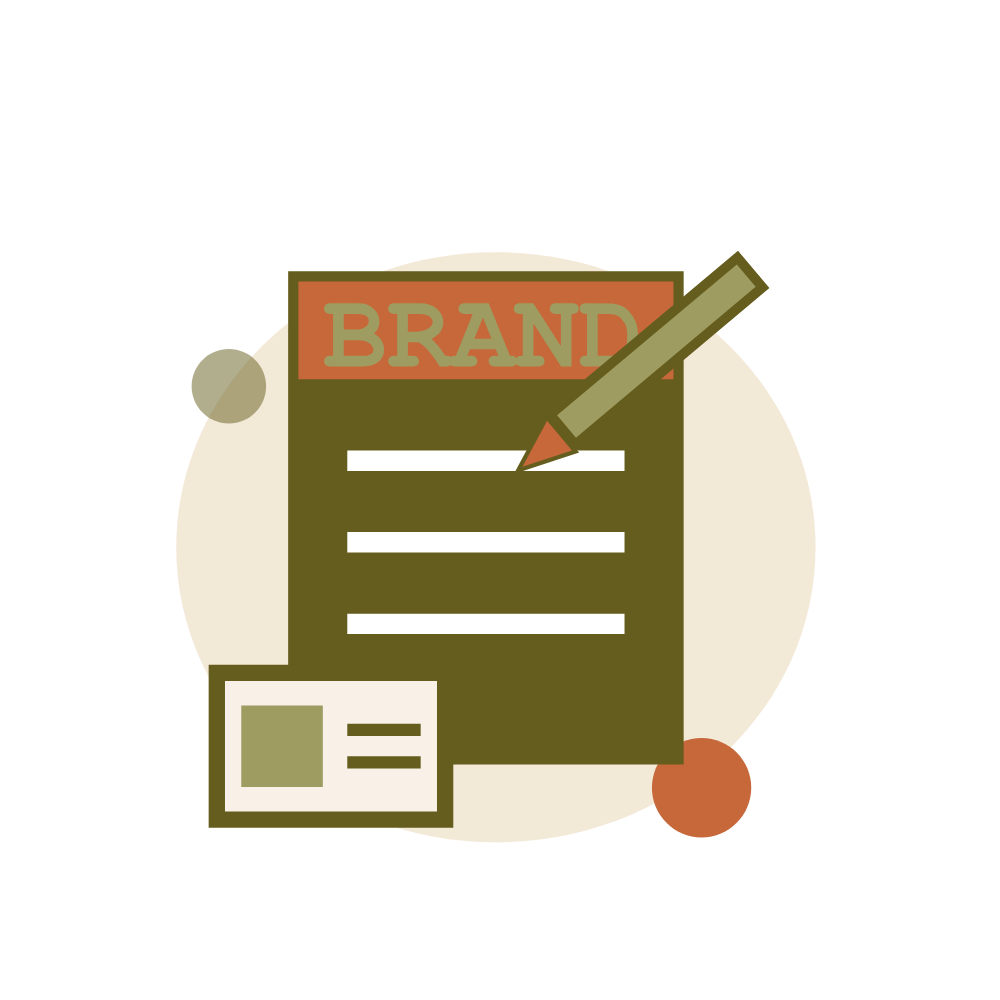 Graphic illustration of a document labeled 'Brand' with space for a signature, a pencil, and a rectangular card or label, set against a beige circular background with abstract circles.