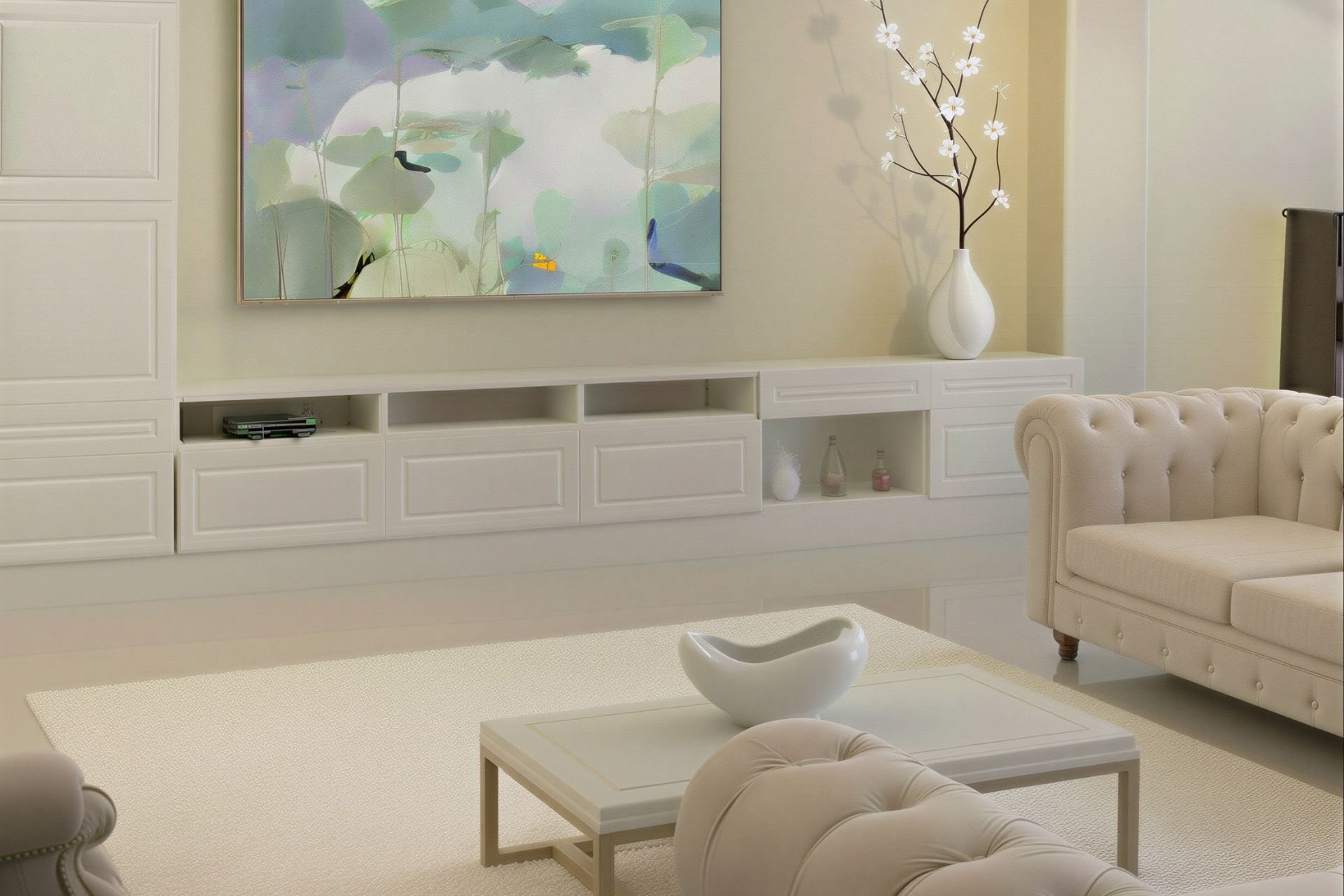 A bright white living room with a large wall-mounted flat-screen TV, white cabinetry below, a white ceramic vase with branches and white flowers on the right, a cream tufted armchair, and a white coffee table with a white ceramic bowl. Light-colored walls and an artistic painting with green and blue hues are in the background.