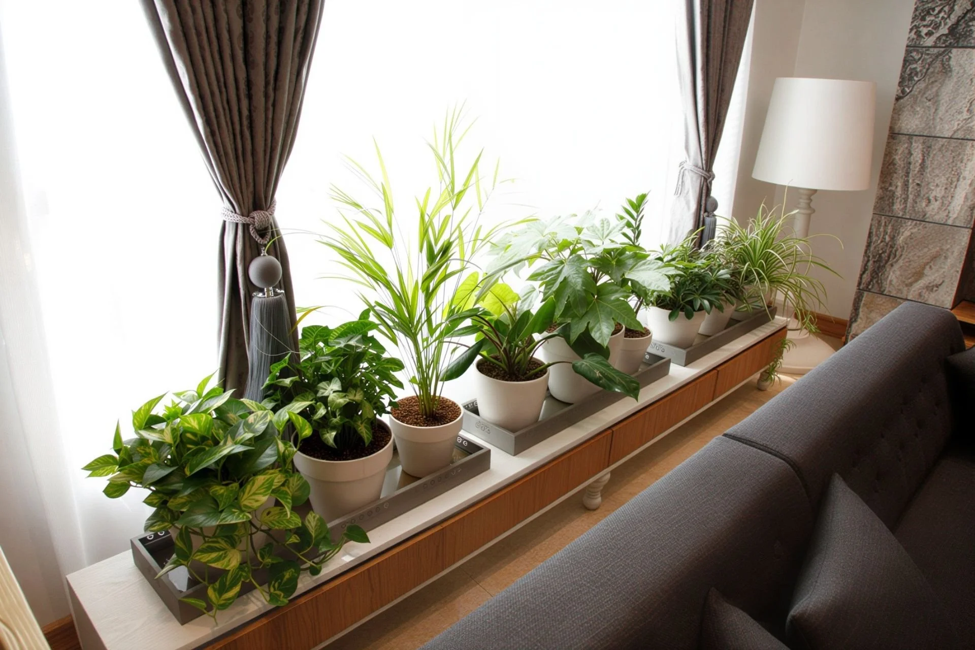 A collection of potted green houseplants on a long white windowsill in a living room, with brown curtains, a white lamp, and a gray sofa.