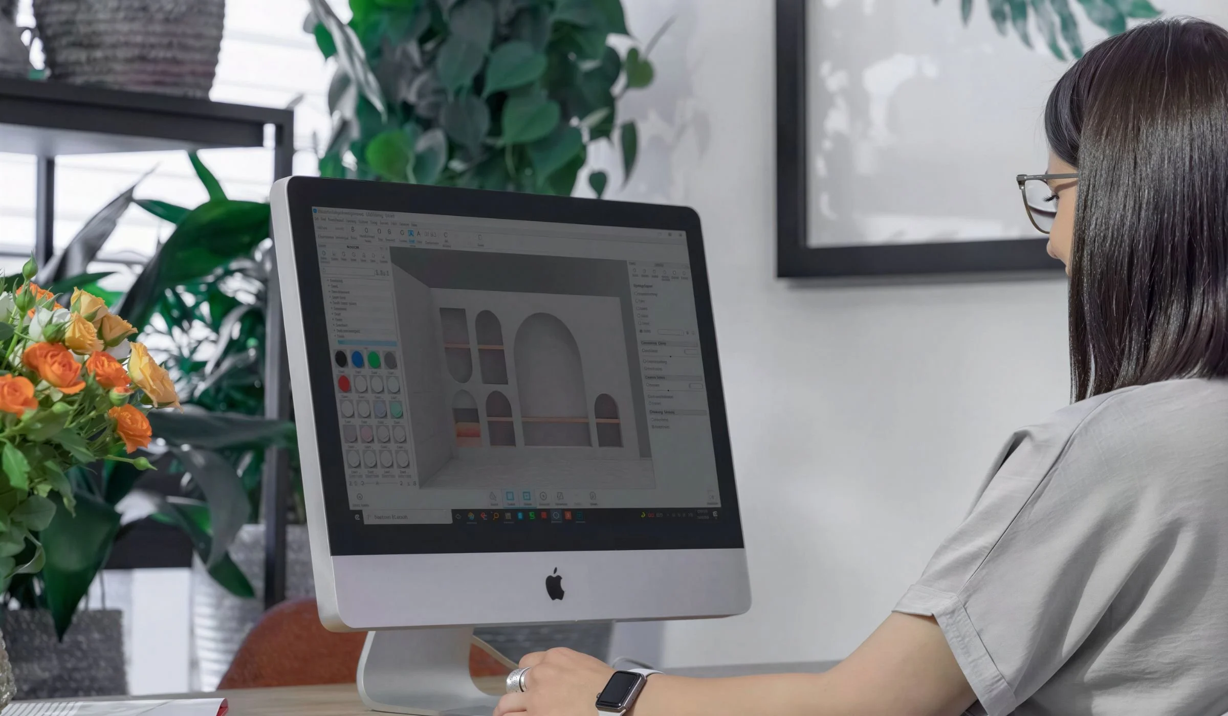 A woman sitting at a desk using an iMac computer, with her right hand near the mouse. The screen shows graphic design software. The woman has shoulder-length dark hair, wears glasses, a light-colored shirt, and a smartwatch. There are green plants and colorful flowers on the desk, and a white wall with a black frame in the background.