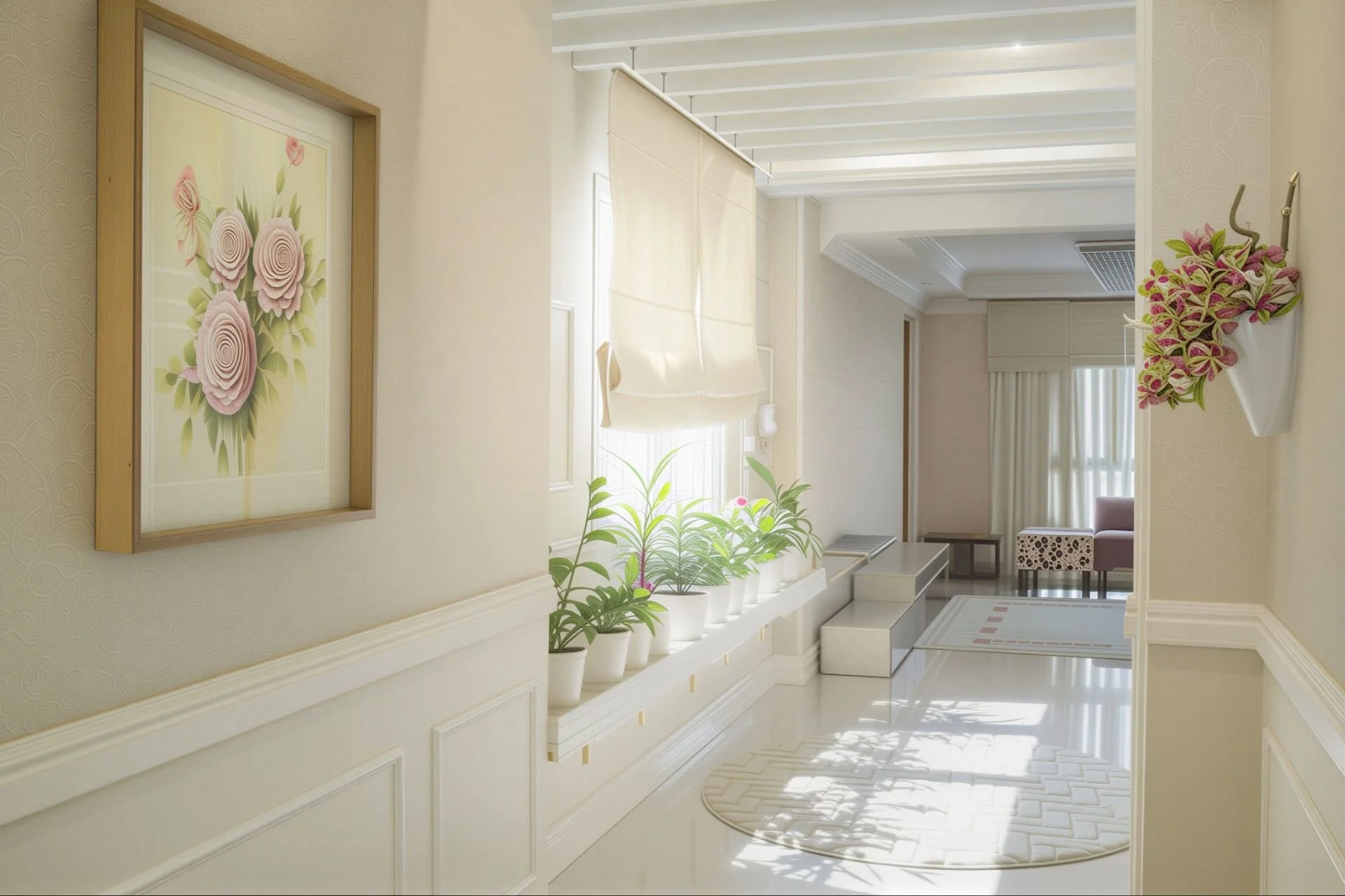 Bright hallway with beige and white decor, floral painting on the wall, potted plants on a narrow shelf, patterned rug, and a sitting area with curtains at the far end.