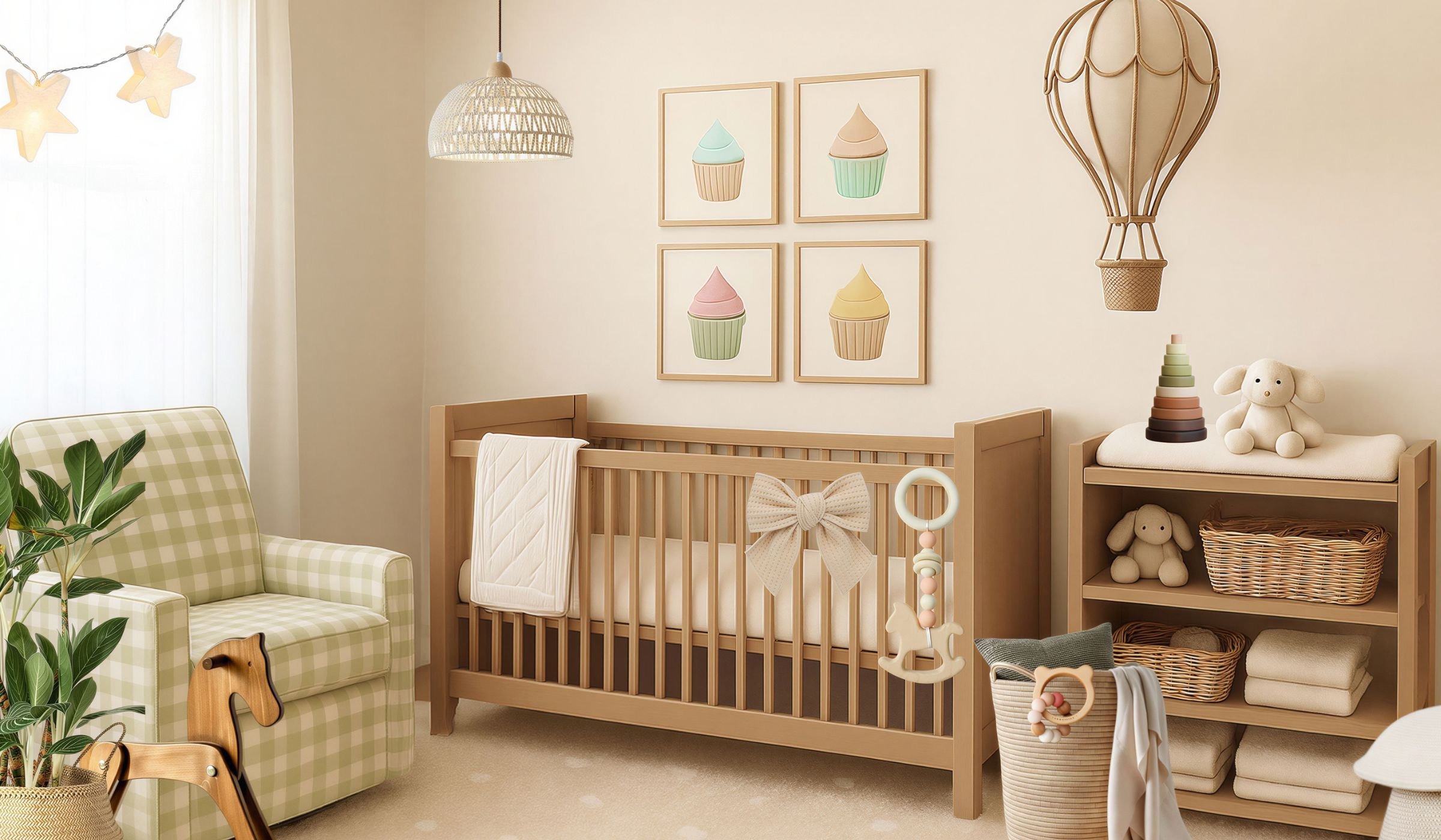 A cozy nursery room with light wooden furniture, including a crib, changing table, and shelf. Decor includes framed cupcake art on the wall, a hot air balloon light, plush toys, and a basket. There's a gingham armchair, potted plant, and soft curtains letting in natural light.