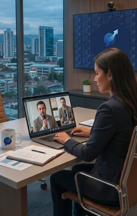 A woman in business attire is participating in a virtual meeting in a modern office with large windows showing a cityscape. She is using a laptop, and a video call with a man speaking into a microphone is visible. There is a mug with a logo, an open notebook, and a large screen on the wall displaying a logo with an upward arrow.