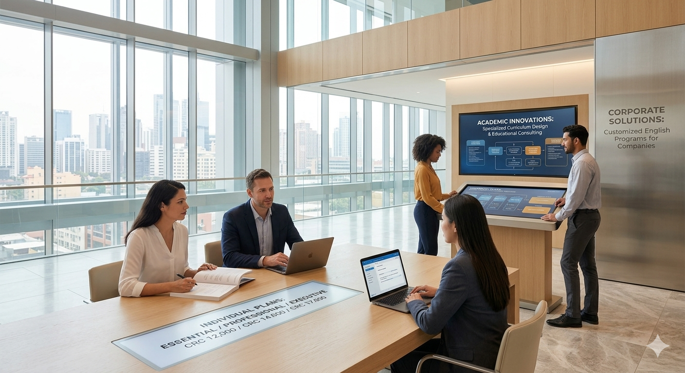 Five professionals in a modern conference room with large windows, engaged in a meeting. Two are seated at the table with laptops and notebooks, while two others stand at a touchscreen display with data and presentations.