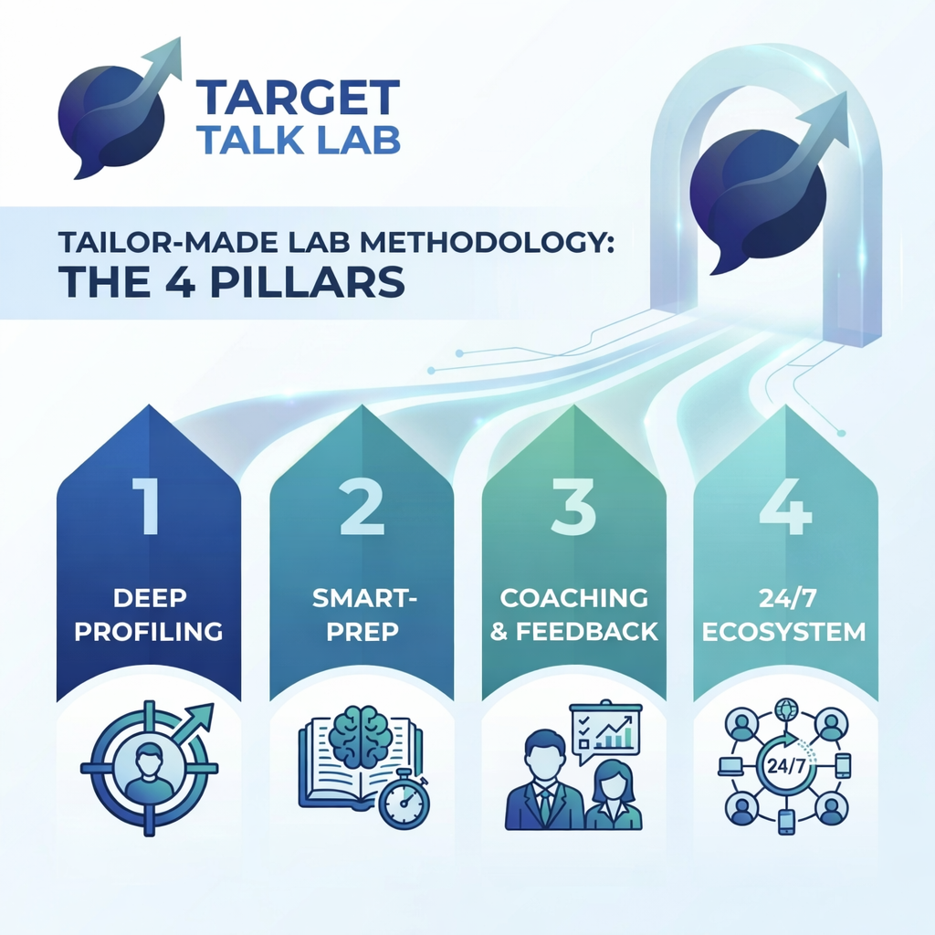 An infographic about Target Talk Lab's four pillars of their custom lab methodology. The four pillars are Deep Profiling, Smart Prep, Coaching & Feedback, and 24/7 Ecosystem.