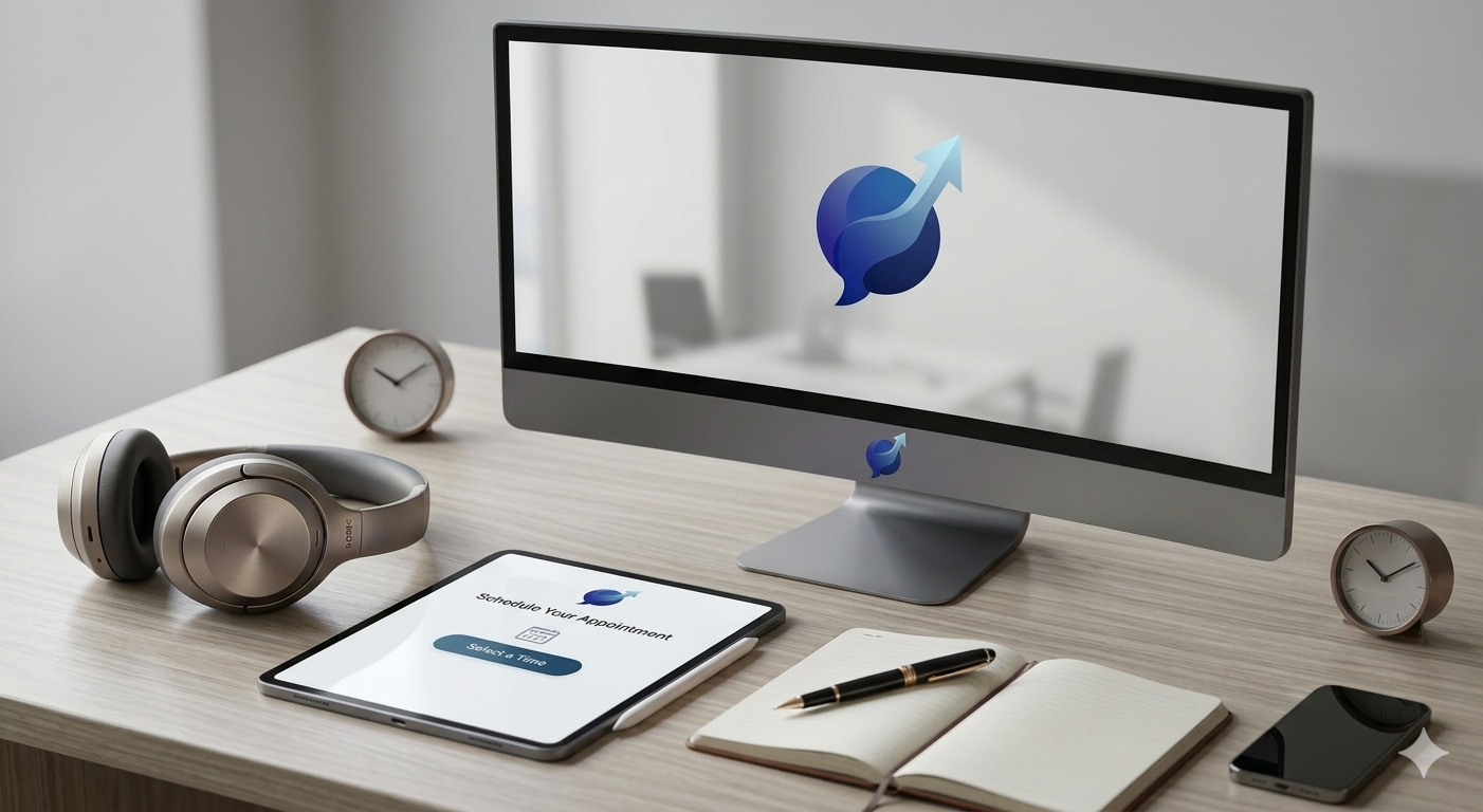 A computer monitor displays a logo with an upward arrow and round shapes. An tablet on the desk shows an appointment scheduling screen. Next to it is a notebook, a pen, a smartphone, a pair of headphones, and two small clocks.