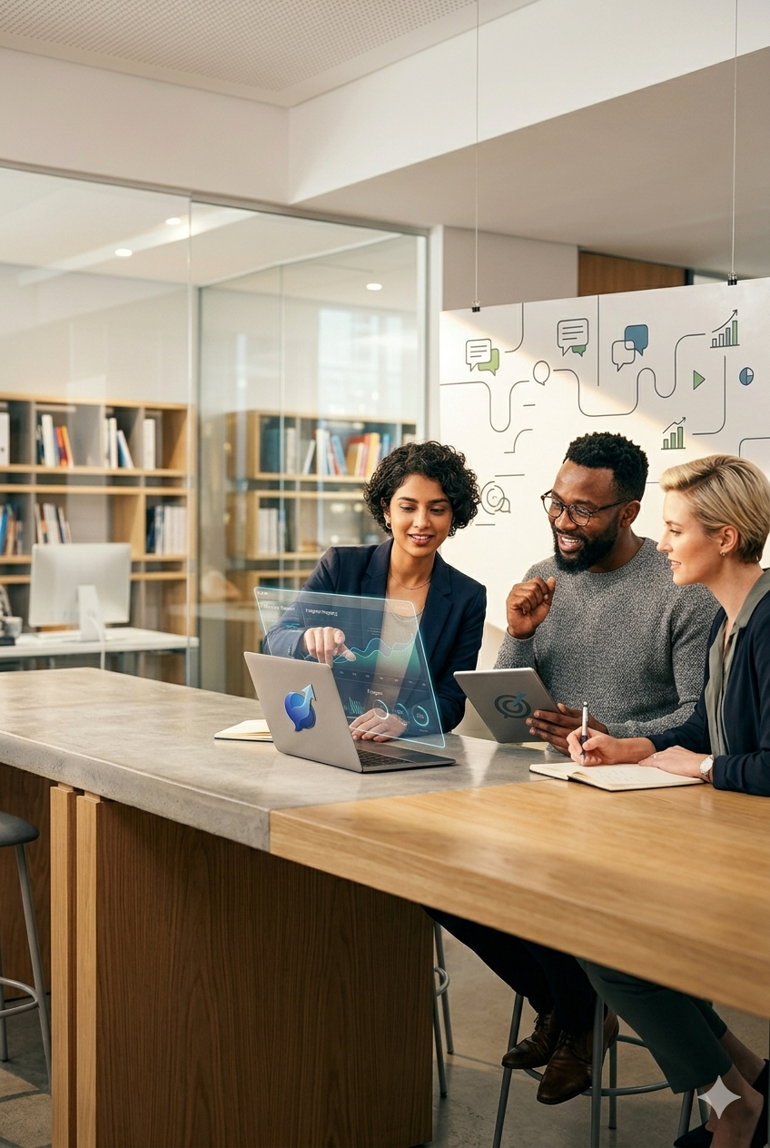 Three diverse professionals in a modern office discussing data and charts at a table with a laptop and digital tablet.