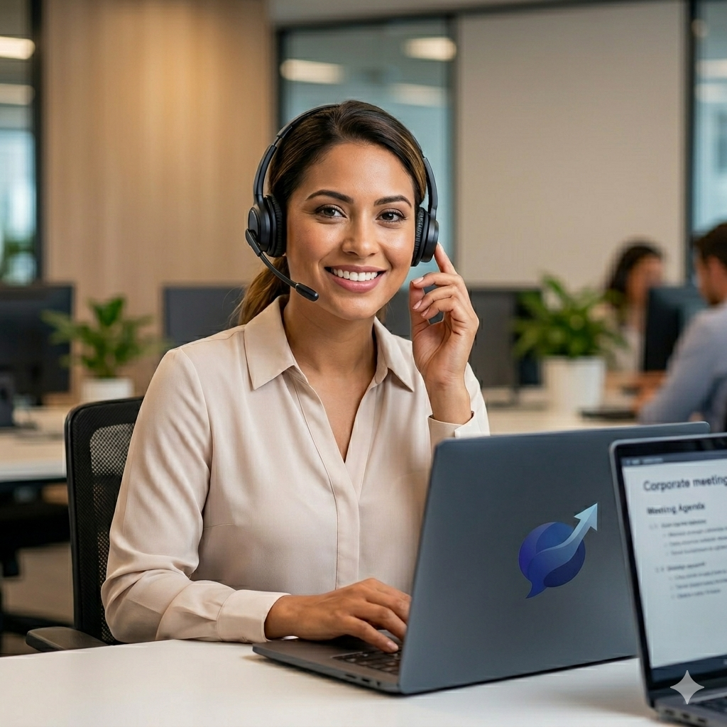 A young woman with long brown hair wearing a headset and a beige blouse, smiling at the camera while working at a desk in an office.