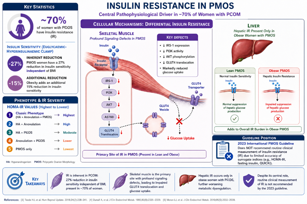 An infographic explaining insulin resistance in PCOS, highlighting key statistics, cellular mechanisms, liver effects, phenotypes, and IR severity, with diagrams of skeletal muscle and liver functions.