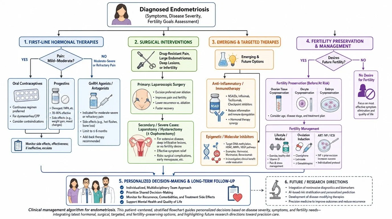Flowchart for endometriosis management outlining diagnosis, hormonal therapies, surgical interventions, emerging therapies, fertility preservation, and decision-making process.