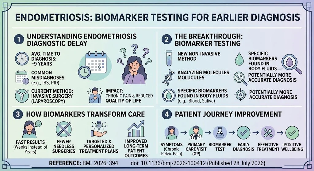 Infographic explaining endometriosis biomarker testing for earlier diagnosis. Sections include understanding diagnostic delay, breakthrough biomarker testing, how biomarkers transform care, and patient journey improvement. Visuals depict a woman conf